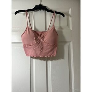 No Boundaries Pink Ribbed Lace Trim Cami Crop Top Lettuce Hem L 11-13 Womens